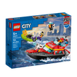 LEGO City Fire Rescue Boat playset with toy fireboat, speedboat dinghy, firefighter minifigures, and water extinguisher features.