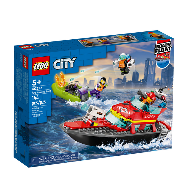 LEGO City Fire Rescue Boat playset with toy fireboat, speedboat dinghy, firefighter minifigures, and water extinguisher features.