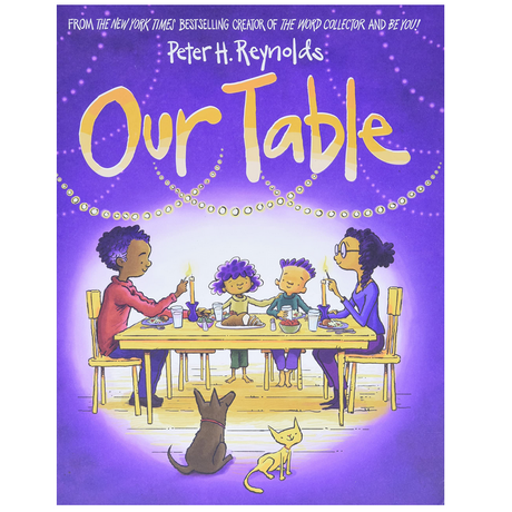 Cover of Our Table showing a family gathered around a dinner table sharing a meal and lighting candles.