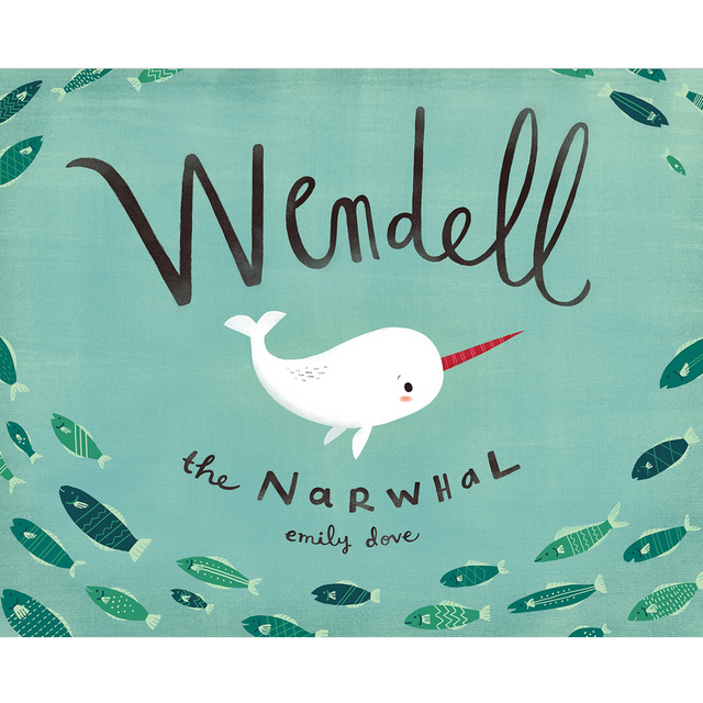 Cover of Wendell the Narwhal showing a white narwhal with a red horn surrounded by green fish on a blue background.