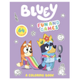 Bluey Fun & Games Coloring Book cover featuring Bluey and Bingo with playful colorful elements on a purple background.