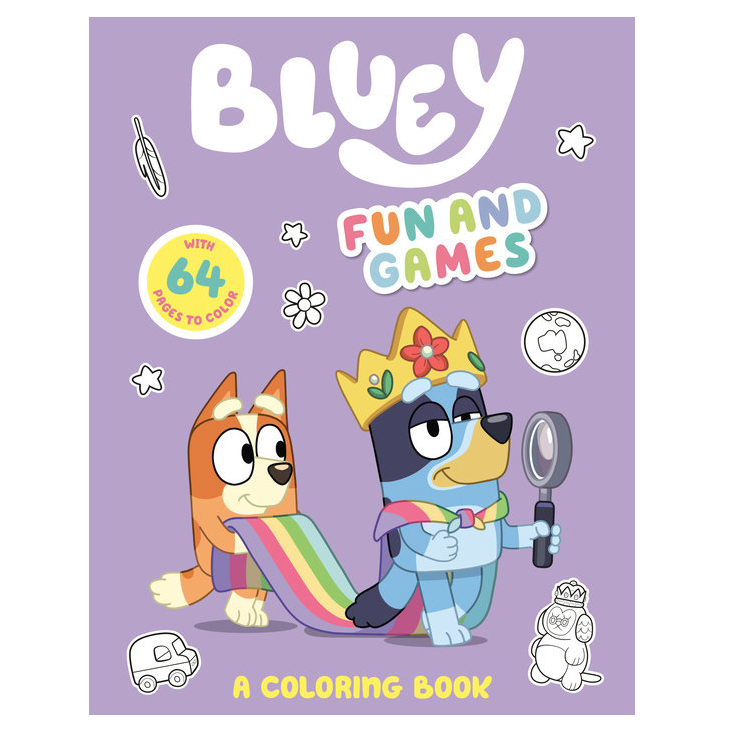 Bluey Fun & Games Coloring Book cover featuring Bluey and Bingo with playful colorful elements on a purple background.