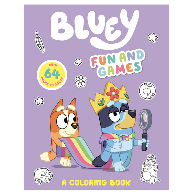 Bluey Fun & Games Coloring Book cover featuring Bluey and Bingo with playful colorful elements on a purple background.