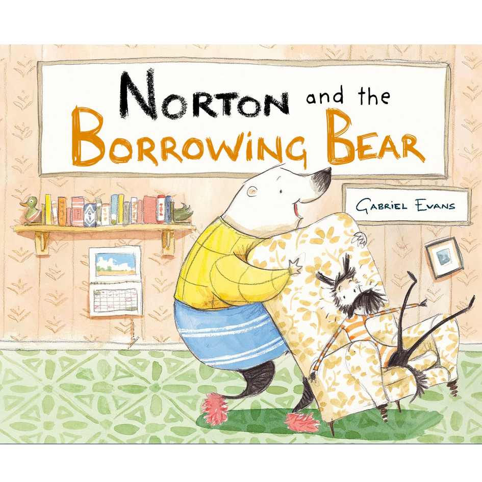 Cover of Norton and the Borrowing Bear showing a bear in slippers carrying a patterned armchair with a small creature inside.