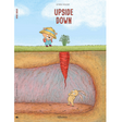 Upside Down book cover with a teddy bear gardener and a rabbit discovering a large underground carrot.