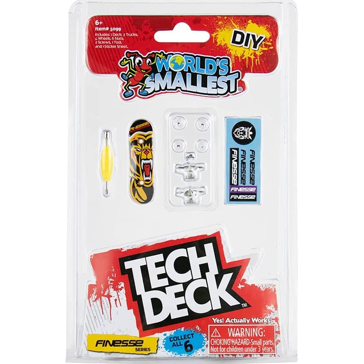 World's Smallest Tech Deck DIY fingerboard kit with deck, trucks, wheels, screws, tool, and sticker sheet in blister pack.
