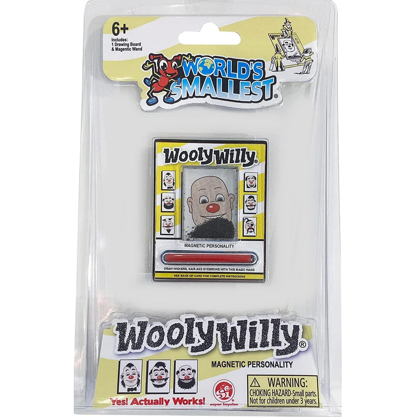 World's Smallest Wooly Willy magnetic drawing toy in packaging with classic silly face designs and magnetic wand.