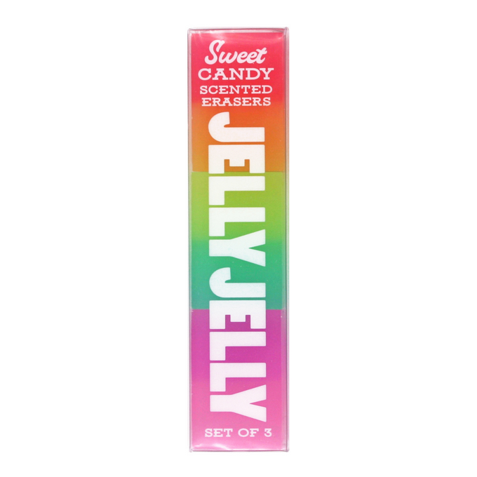 Jelly Jelly Scented Erasers boxed set of 3 with sweet candy scent in colorful packaging measuring 4.5 by 1.5 inches.