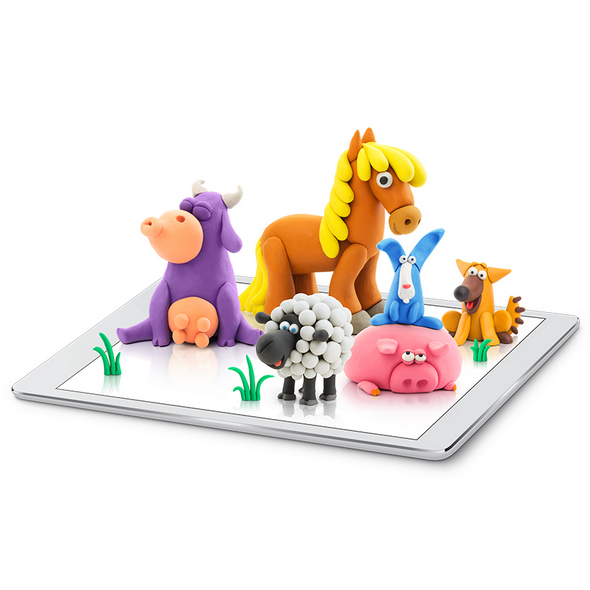 Hey Clay Animals set showing colorful clay animal figures including horse, cow, sheep, pig, dog, and rabbit on a tablet.