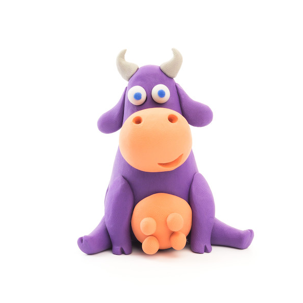 Hey Clay Animals purple and orange cow figurine made from soft, non-toxic clay for kids' creative sculpting.
