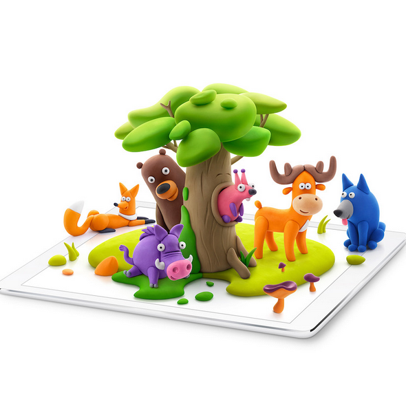 Hey Clay Forest Animals showing colorful clay forest creatures around a tree on a digital tablet for interactive sculpting.