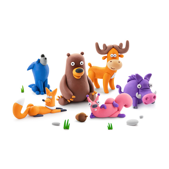 Hey Clay Forest Animals colorful clay figurines of wolf, fox, bear, deer, squirrel, and hog for kids' creative play.