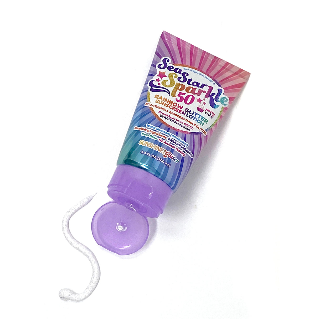 Sea Star Sparkle Rainbow Party Cake Bio Glitter Sunscreen tube with purple cap and glittery white lotion spill on white background.
