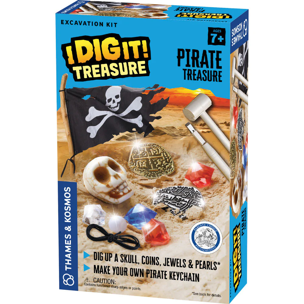 I Dig It Pirate Treasure excavation kit with skull, coins, jewels, hammer, chisel, and pirate flag for kids ages 7+