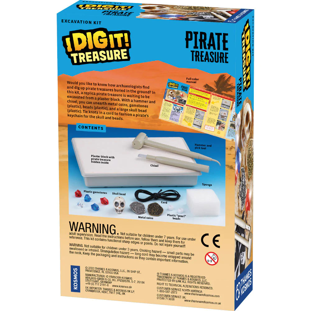 I Dig It Pirate Treasure excavation kit with hammer, chisel, skull bead, coins, and gemstones for kids 7 and up.
