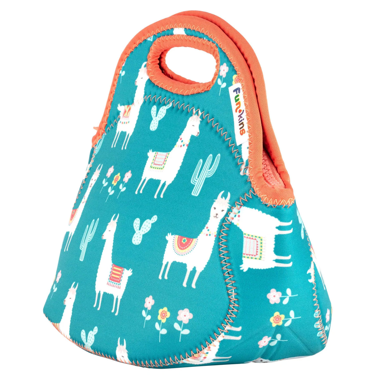 Lunch Bag Llamas insulated neoprene lunch bag with llama print, soft handles, and reinforced seams for durability.