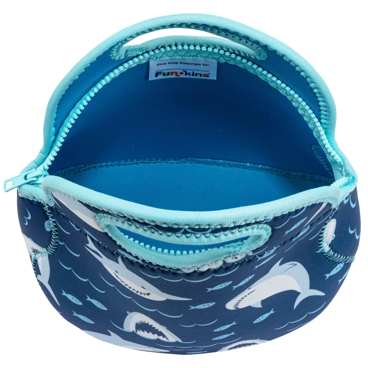 Lunch Bag Sharks insulated lunch bag with shark print, durable neoprene, easy-to-clean, and kid-friendly design.