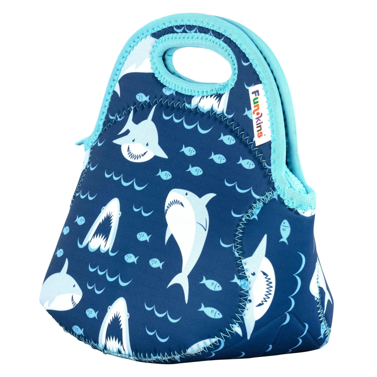 Lunch Bag Sharks insulated lunch bag with shark print, durable neoprene, easy-to-clean, perfect for kids' school snacks.