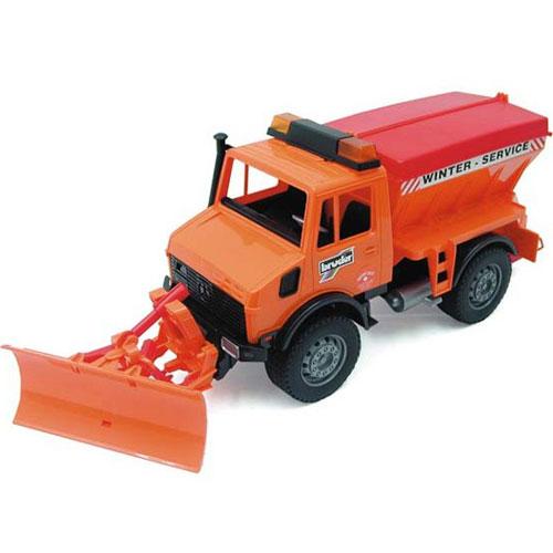 MB-Unimog Winter Service Truck with removable snow plow blade and sand spreader for winter road maintenance toy.