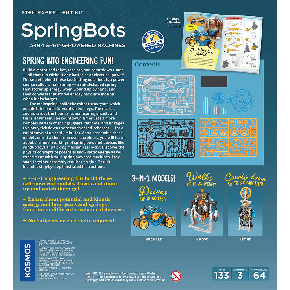 Springbots STEM kit showing parts and instructions to build spring-powered robot, race car, and countdown timer models.