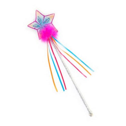 Glitter Rainbow Star Wand with pink star, silver stem, and colorful satin ribbons, perfect for little fairies aged 3 and up.