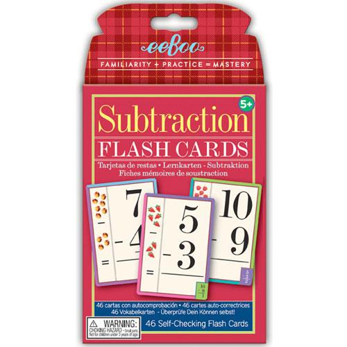 Subtraction Flash Cards with colorful borders and illustrations for ages 5+, promoting mastery of basic math facts.