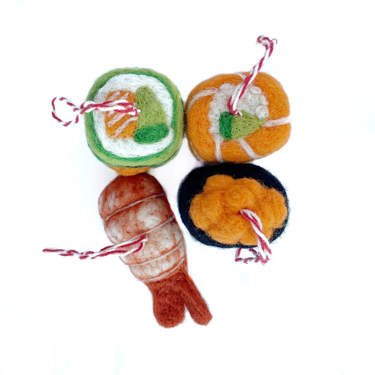 Sushi Felt Ornament set featuring colorful handmade felt sushi styles with hanging strings for decoration or gifting.