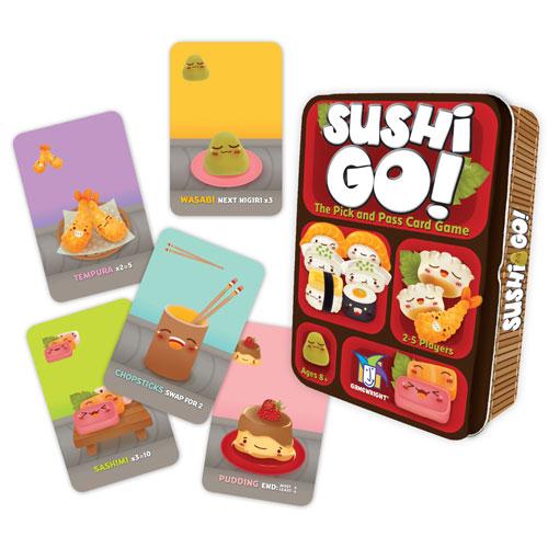 Sushi Go! card game packaging and cards featuring sushi-themed illustrations for 2-5 players ages 8 and up.