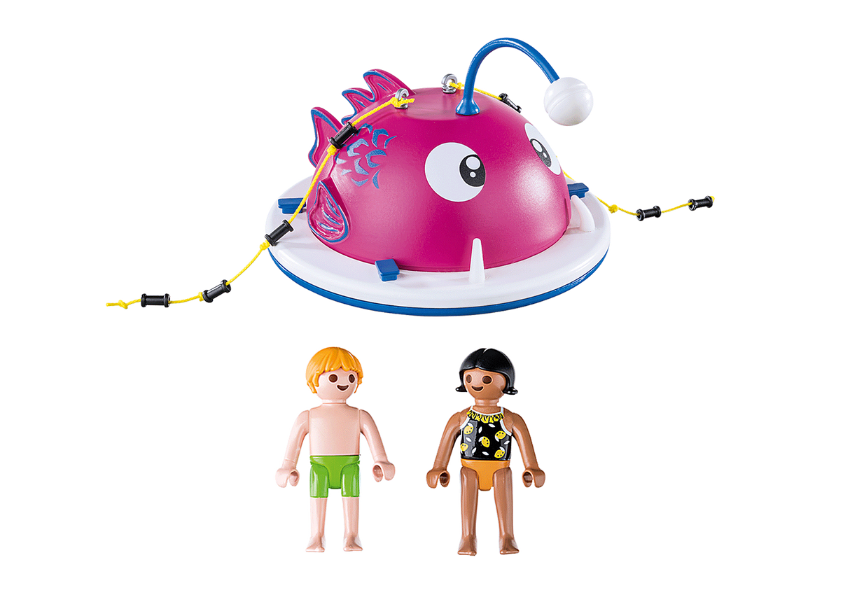 Family Fun | Swimming Island with a giant pink fish head, lantern, and two child figures for climbing and water play.