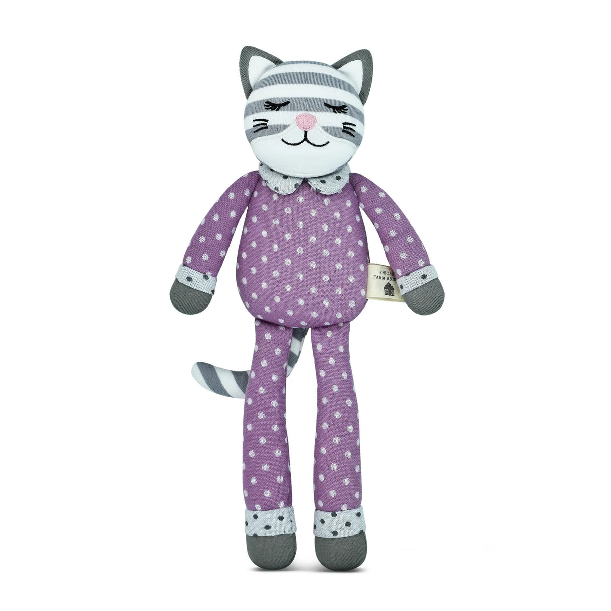 Organic Cat Maude plush toy in purple polka dot pajamas, soft and made from 100% organic cotton.