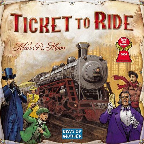 Ticket to Ride board game cover featuring a vintage train and illustrated travelers in period clothing.