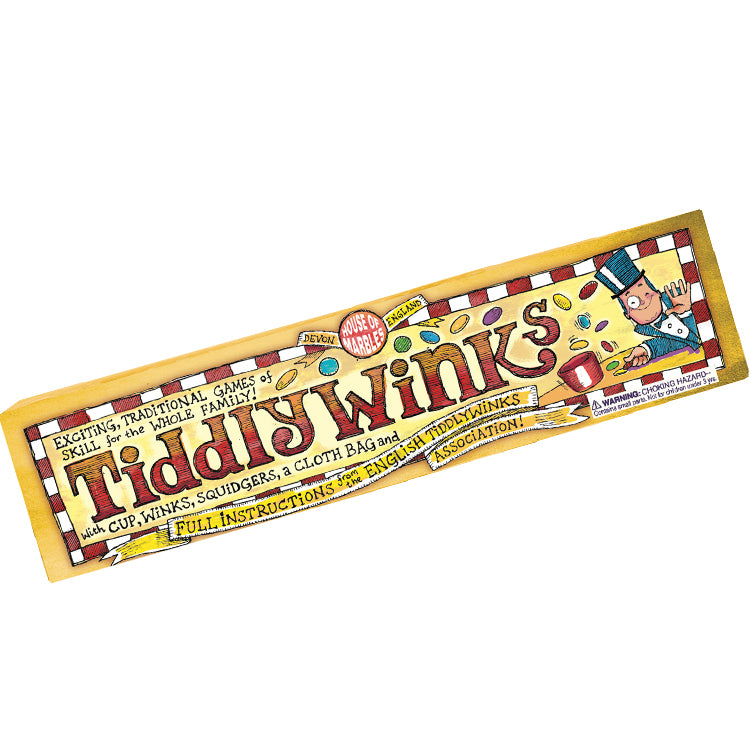 Tiddly Winks game label showing colorful vintage design with instructions and cartoon character playing the traditional skill game.