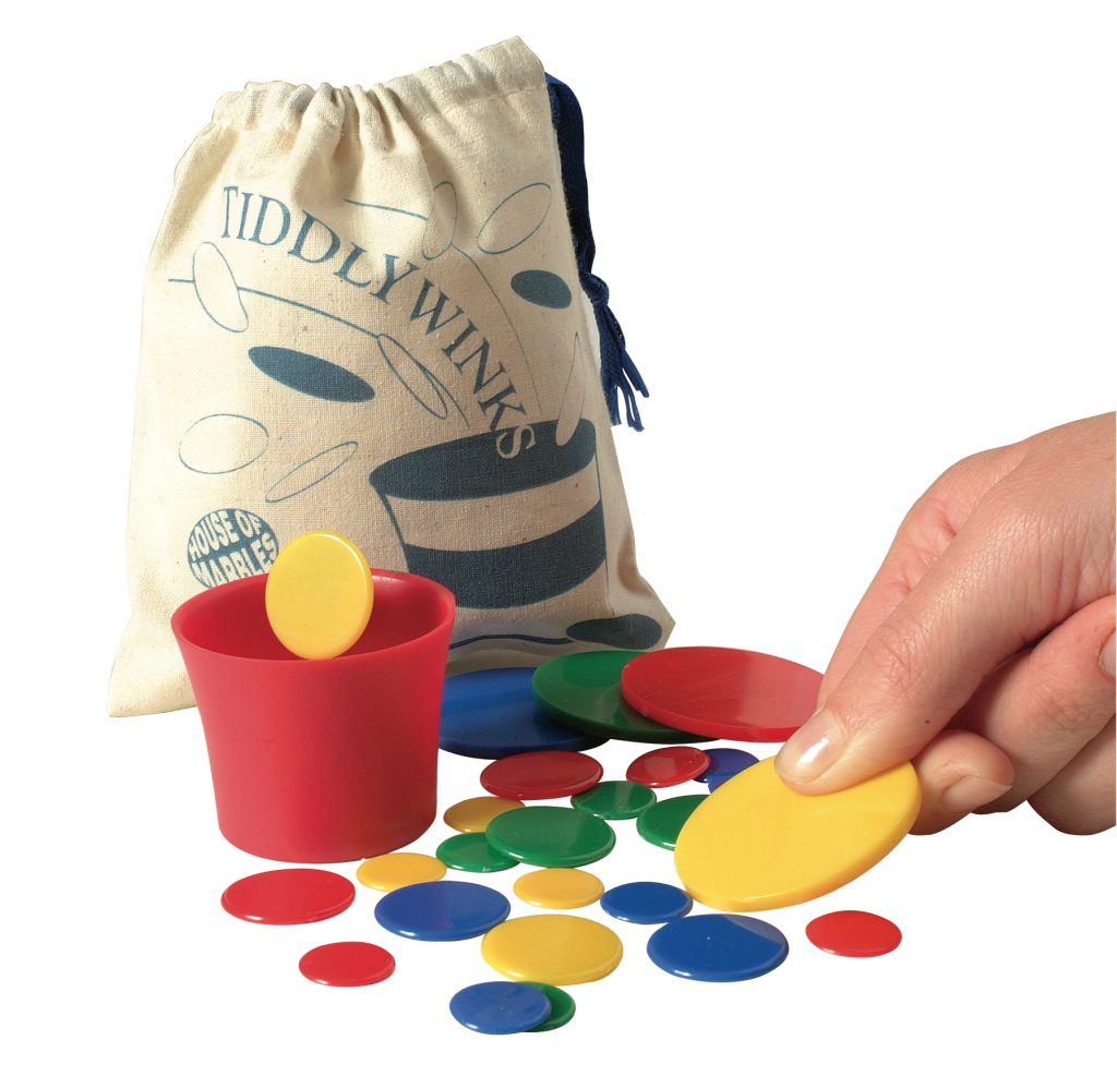 Tiddly Winks set with colorful discs, cup, and storage bag, perfect for playing the classic game anywhere.