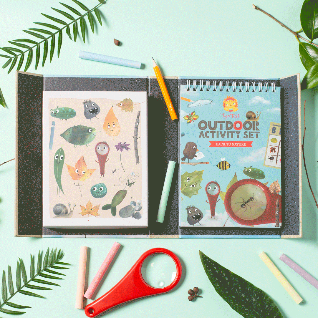 Outdoor Activity Set | Back to Nature with magnifying glass, colored chalk, pencil, and outdoor activity book for kids.