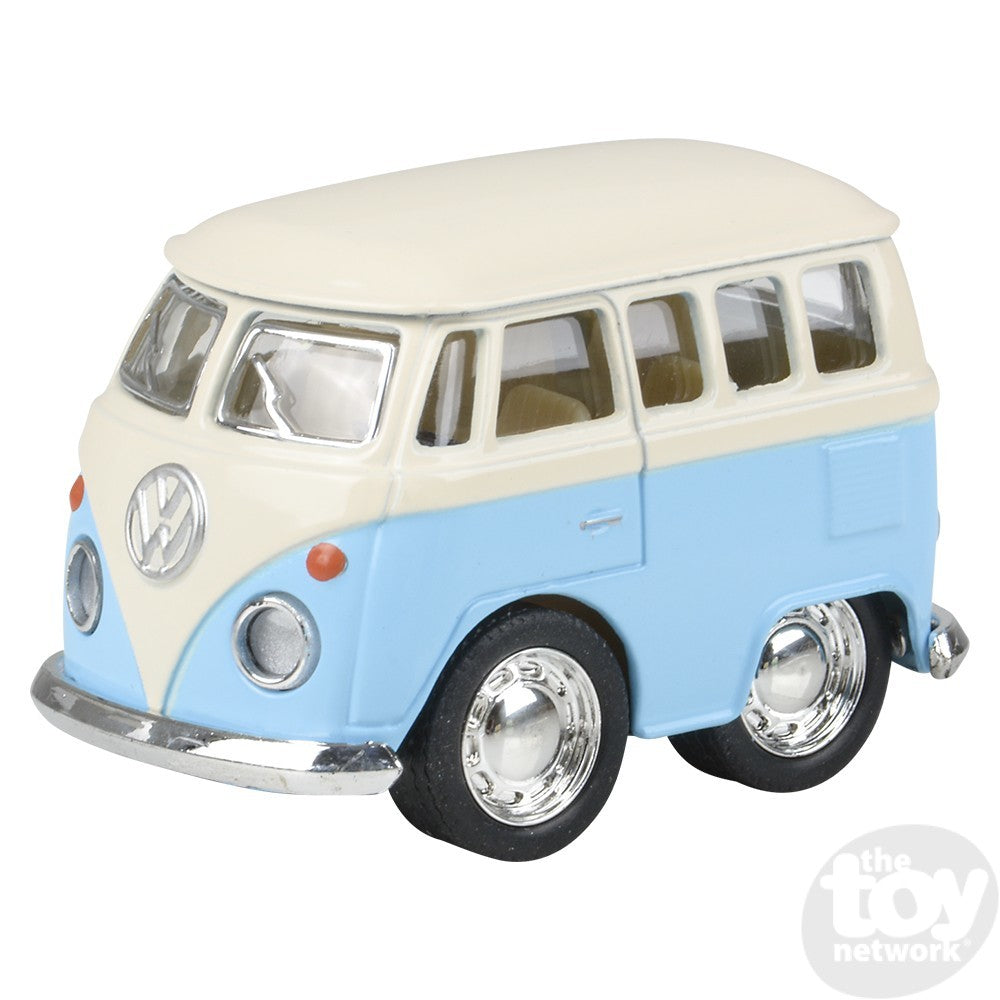 VW Mini Bus diecast toy in blue and cream colors, 2-inch collectible perfect for ages 3 and up.