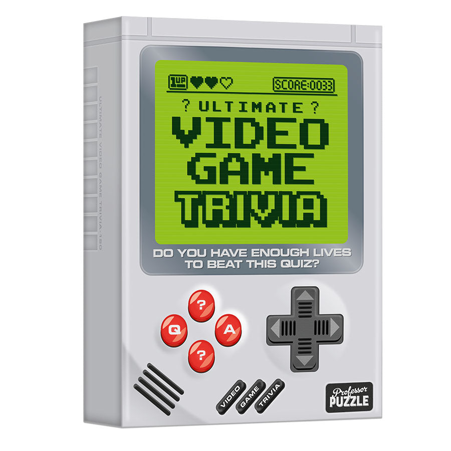 Video Game Trivia pack designed like a retro handheld console with quiz buttons and pixelated game screen.