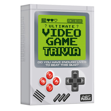 Video Game Trivia pack designed like a retro handheld console with quiz buttons and pixelated game screen.