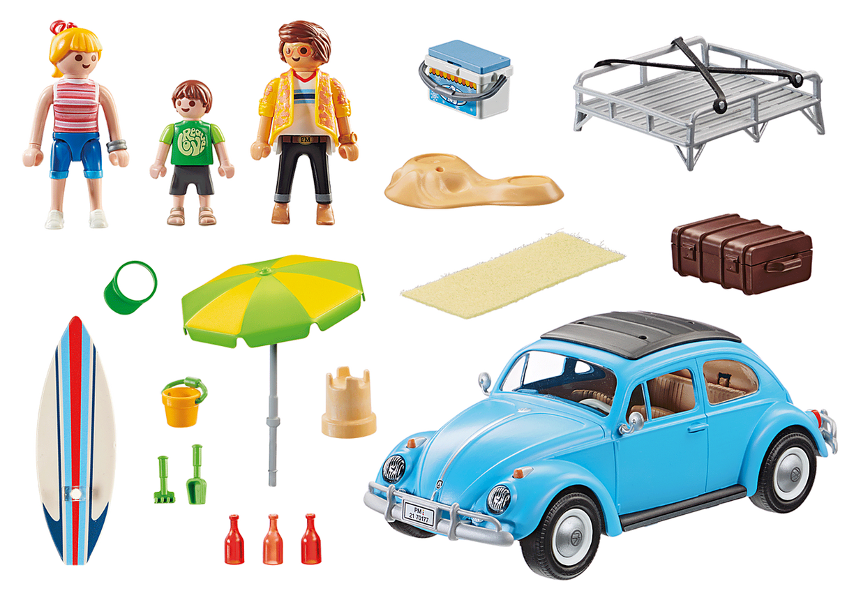 PLAYMOBIL Volkswagen Beetle with roof rack, surfboard, cooler, figures, and beach accessories playset.