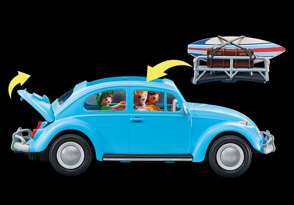 Volkswagen Beetle in blue with roof rack, surfboard, removable roof, and family PLAYMOBIL figures inside.