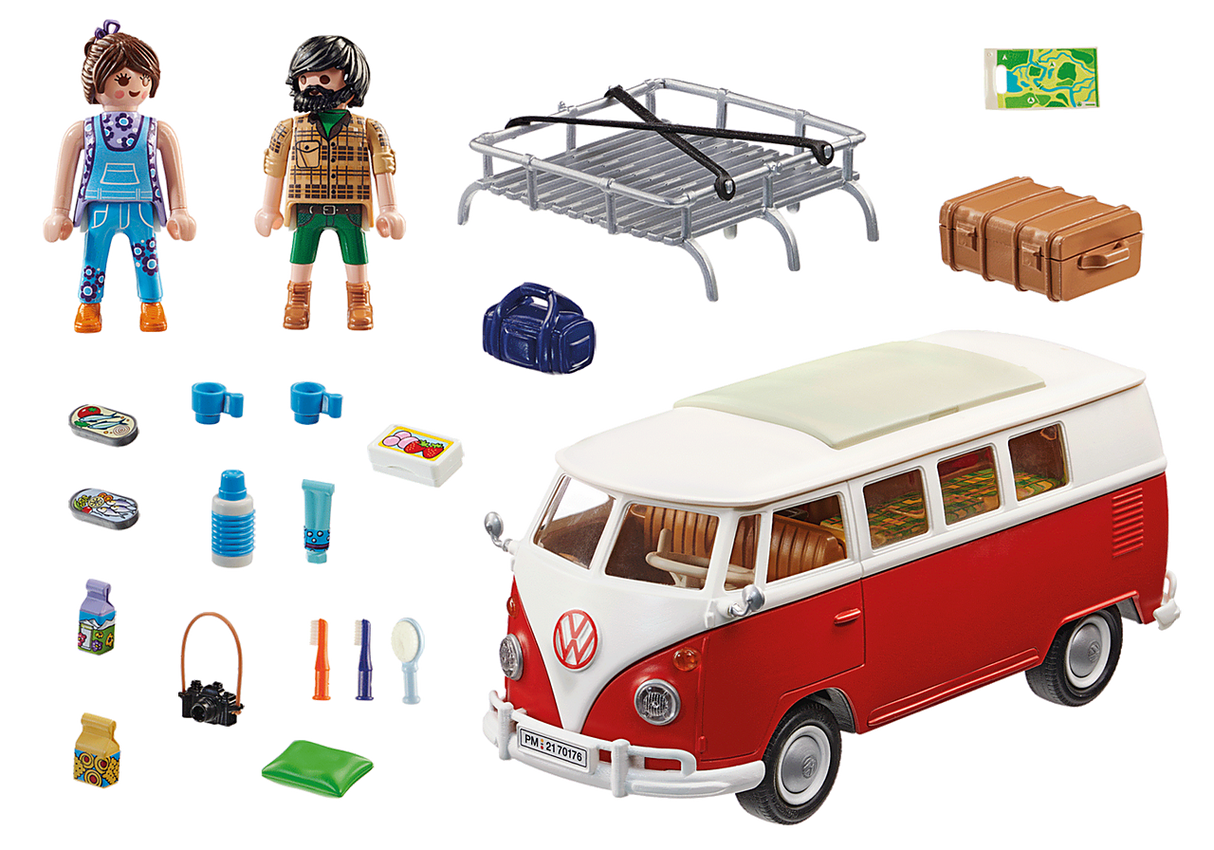 PLAYMOBIL Volkswagen T1 Camp Bus with figures, accessories, removable roof rack, and detailed interior features.