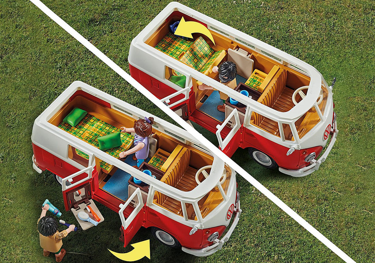 Volkswagen T1 Camp Bus with removable roof, foldable seats, detailed interior, and two PLAYMOBIL figures on green grass.