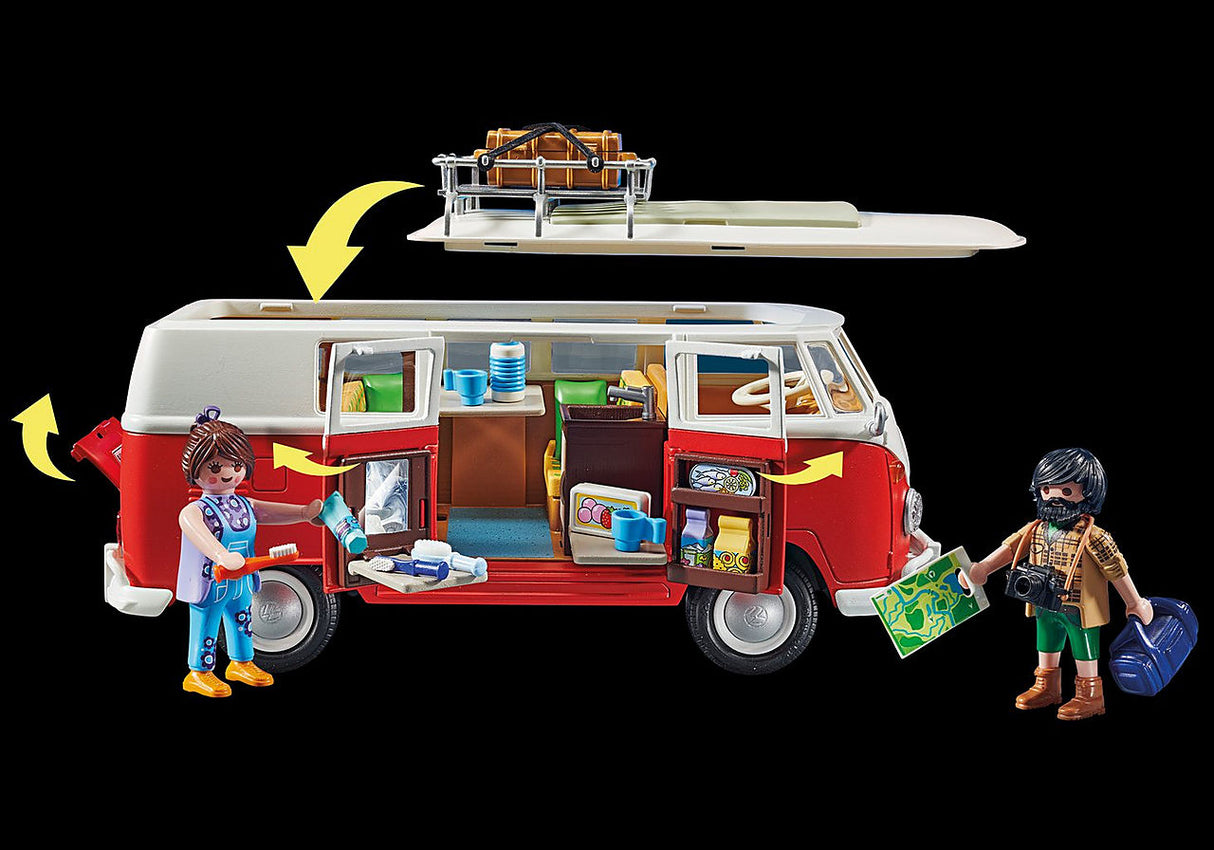 Volkswagen T1 Camp Bus with removable roof, detailed kitchen, foldable seats, side doors, and two PLAYMOBIL figures.