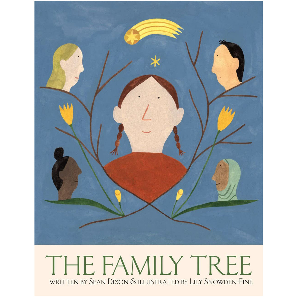 Illustration from The Family Tree showing a girl with family members represented as branches and flowers.