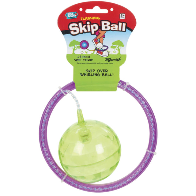Skip Ball Light Up! with a 3-inch flashing ball, 6-inch ring, 21-inch cord, fun for kids ages 5 and up.