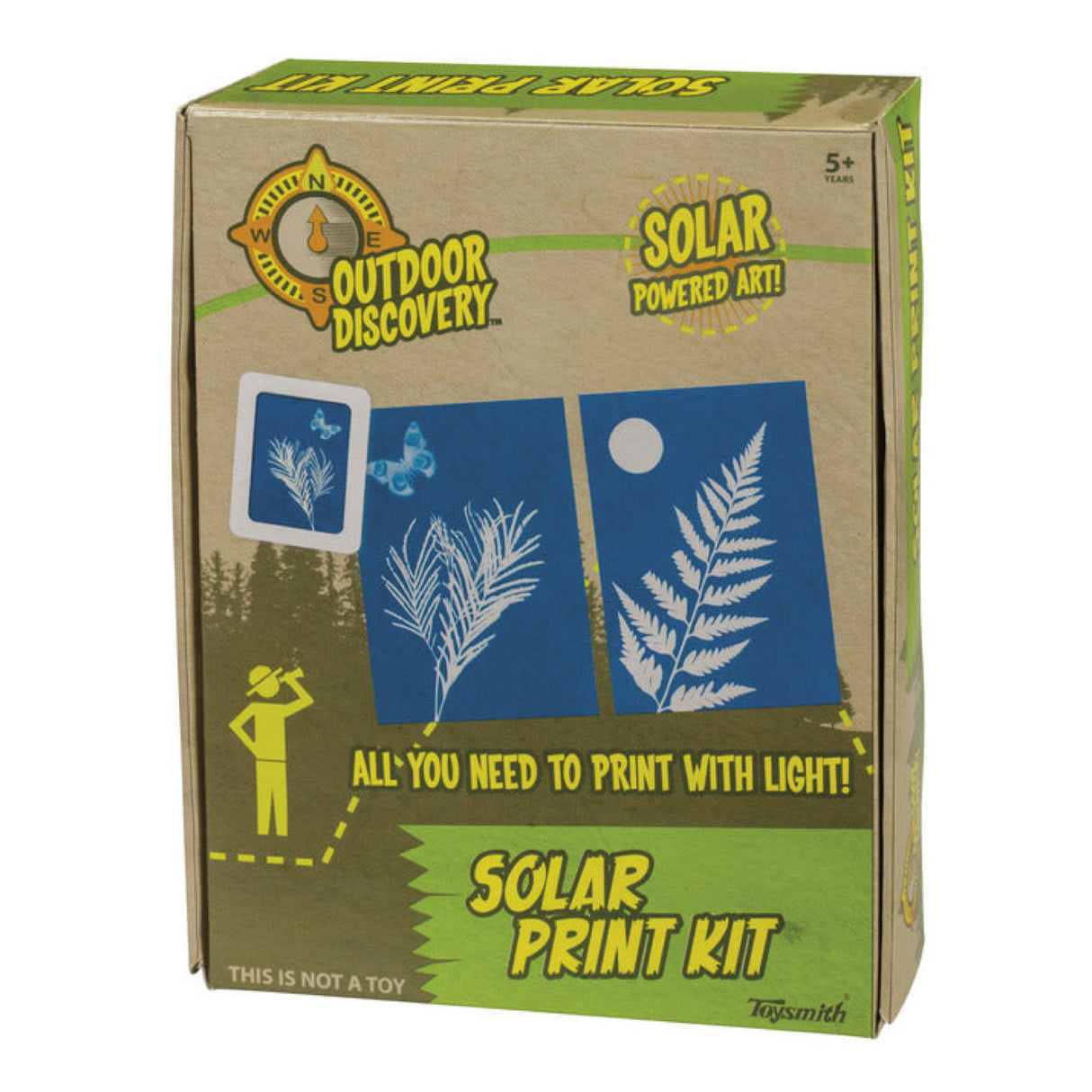 Solar Print Kit box displaying blue prints of leaves made with light-sensitive solar paper for outdoor discovery art projects.