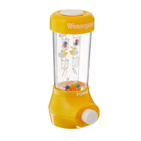 Yellow Water Game handheld toy with colorful balls inside and a white push button for fun play.