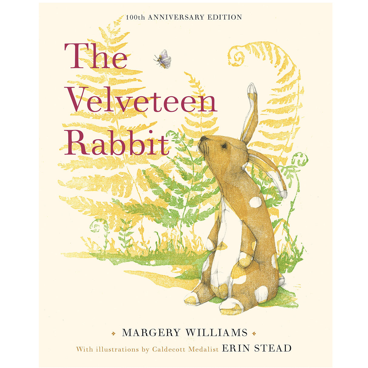 Cover of The Velveteen Rabbit 100th anniversary edition featuring a hand-drawn rabbit among ferns and a butterfly.