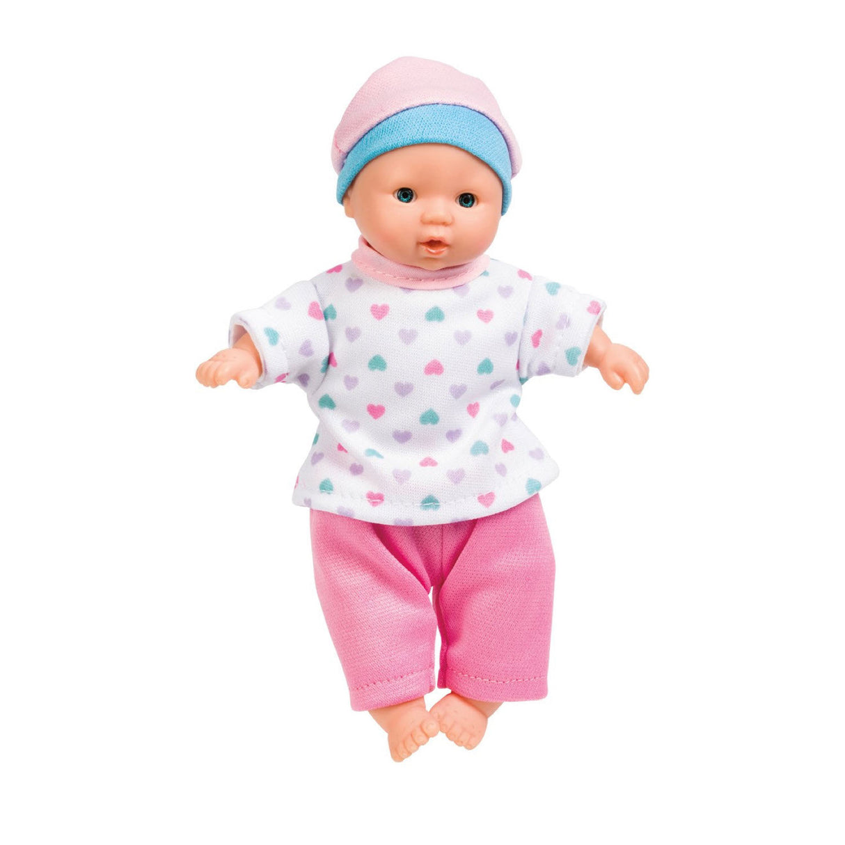 Mini Baby soft-bodied doll wearing heart-patterned shirt, pink pants, and hat, perfect for ages 1 and up.