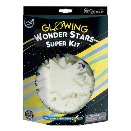 Glow Stars Super Kit package showing 150 glow-in-the-dark stars to create a night sky galaxy on walls.