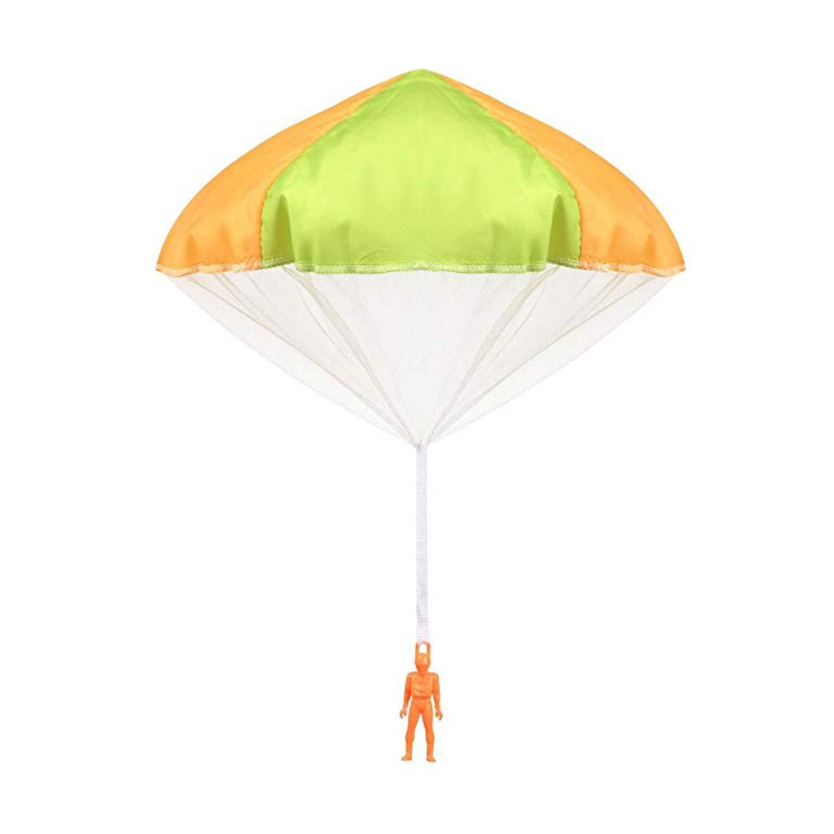Parachute Man toy with bright green and orange parachute, tangle-free, no assembly, fun for ages 3 and up.